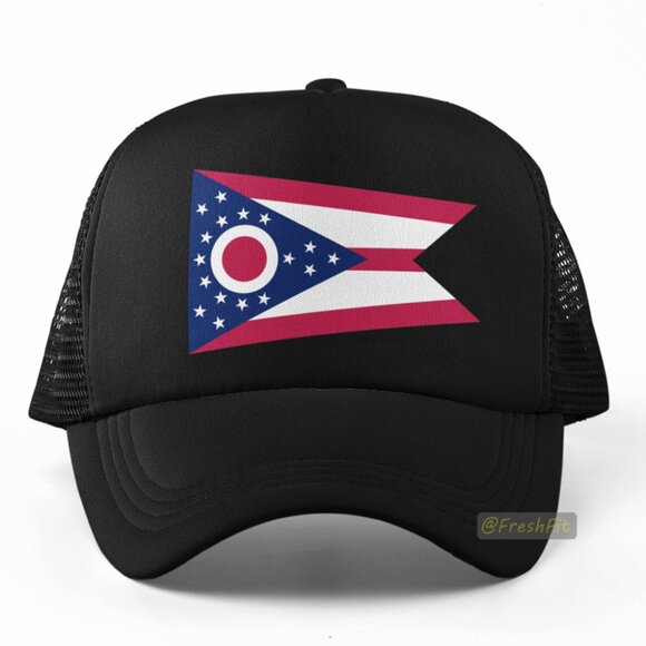 🆕Ohio State Flag Foam Trucker Hat Mesh Snapback Cap Black - Picture 1 of 2